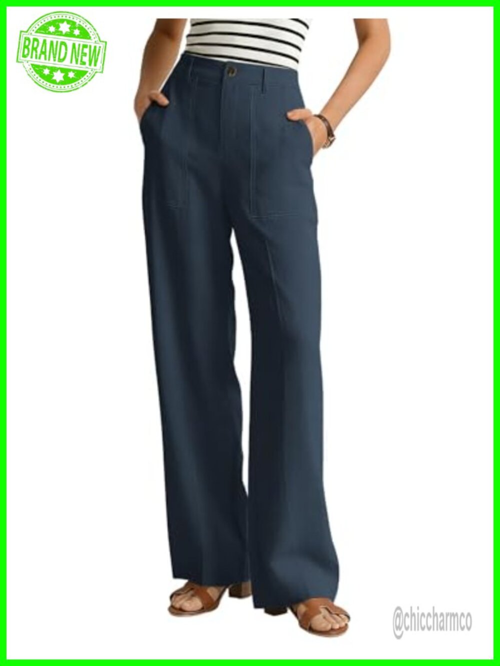 Linen Wide Leg Pants High Rise Elastic Back Casual Work Trousers